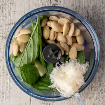 Basil leaves, almonds, grated hard cheese and garlic in a mini food processor viewed from above.