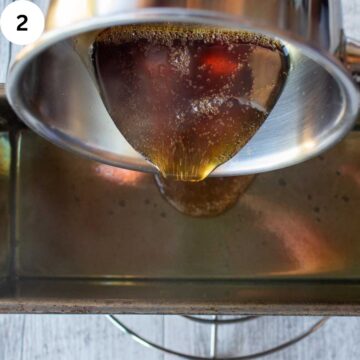 Liquid caramelized sugar being poured into a pan.