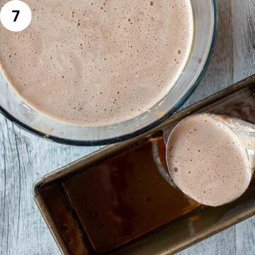 Light brown liquid being ladled into a loaf pan.