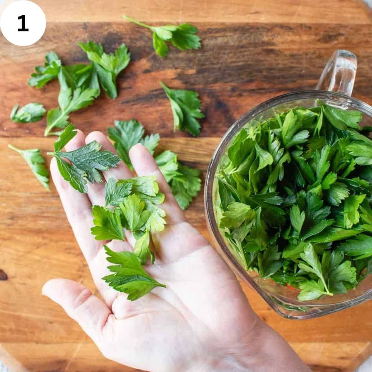 Parsley leaves on an open hand.