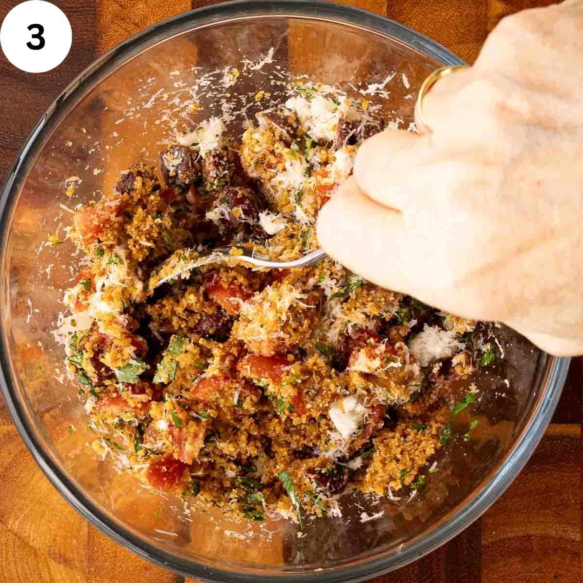 Combining ingredients for the topping in a bowl.