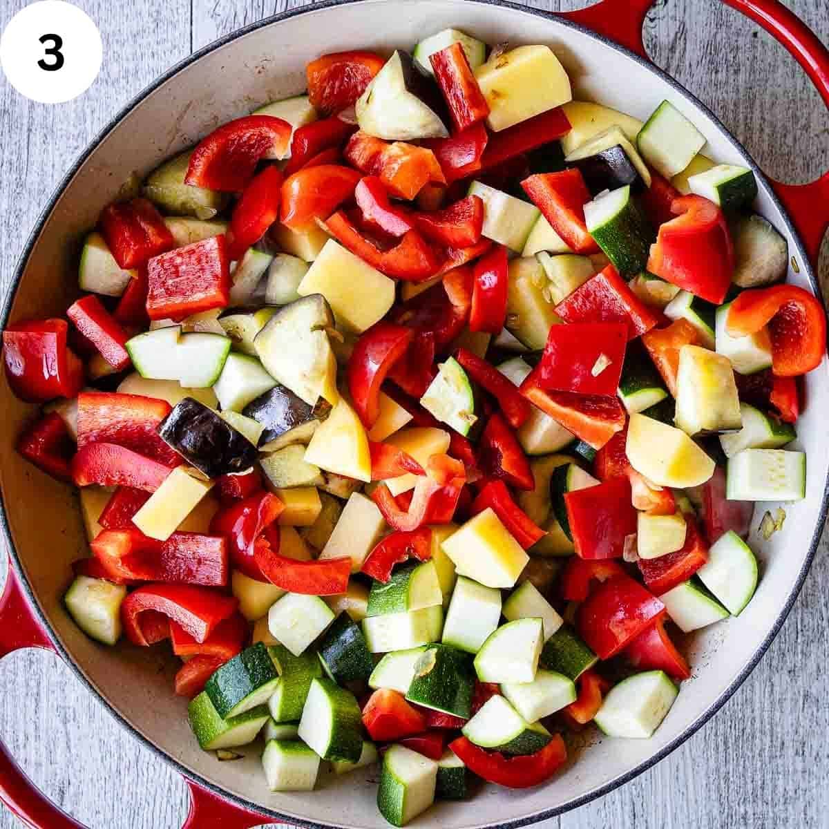 Colorful array of chopped vegetables in a round pan.