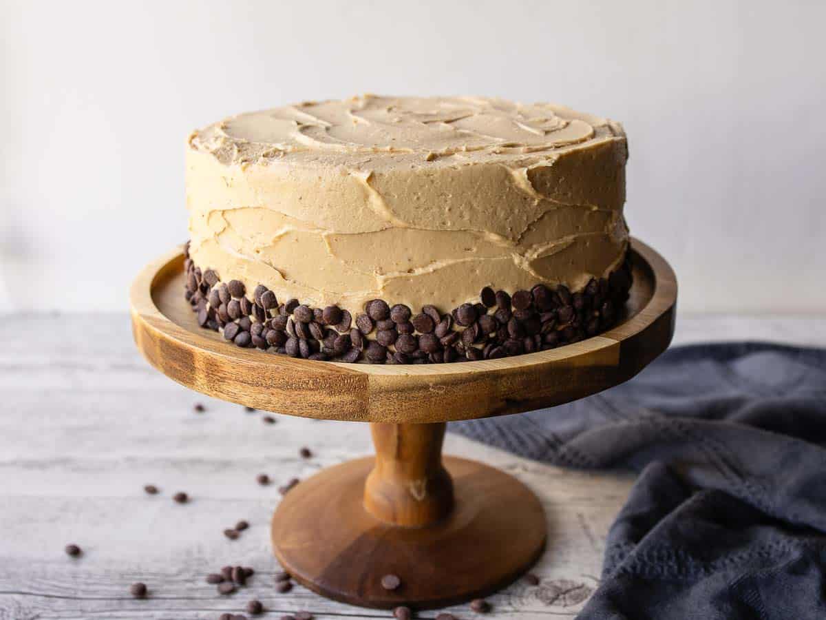 Frosted cake with mini chocolate chips around the bottom.