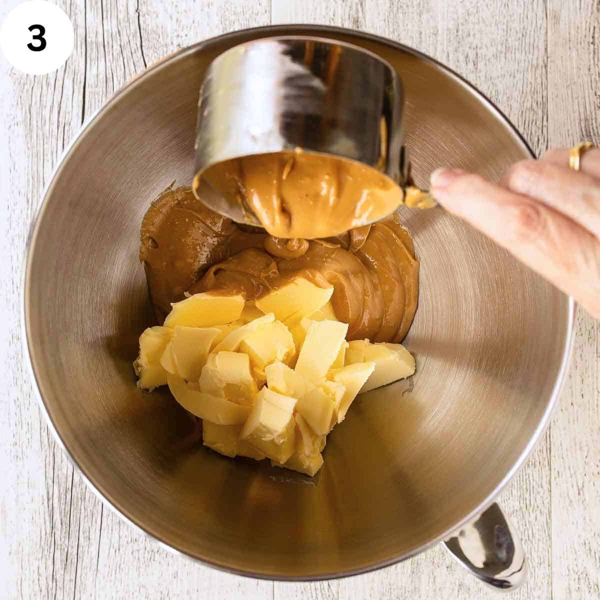 Pouring peanut butter into a bowl container butter.