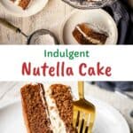 A two layered Nutella Cake filled with gooey chocolate and cream with a slice cut.