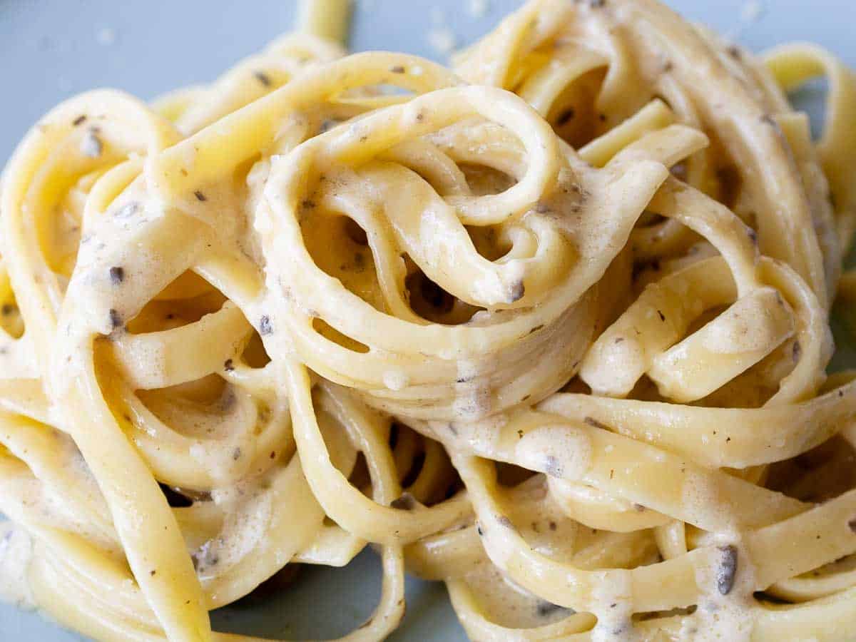 Close up of fettuccini pasta with creamy sauce.