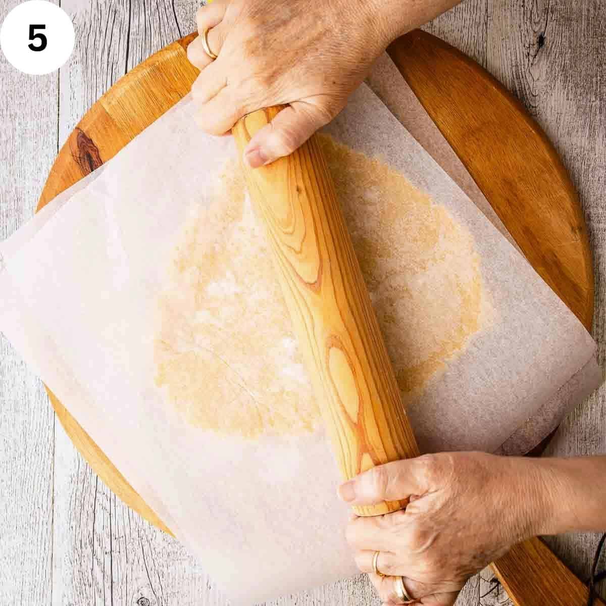 Rolling pastry between two sheets of parchment paper.