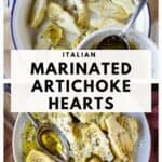 Close up of marinated artichokes plied onto a plate.