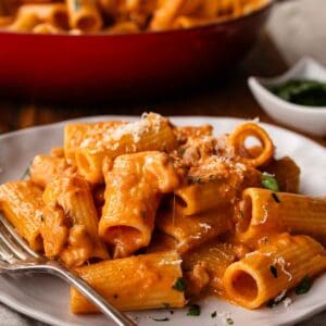 Creamy sausage pasta on a plate with a fork.