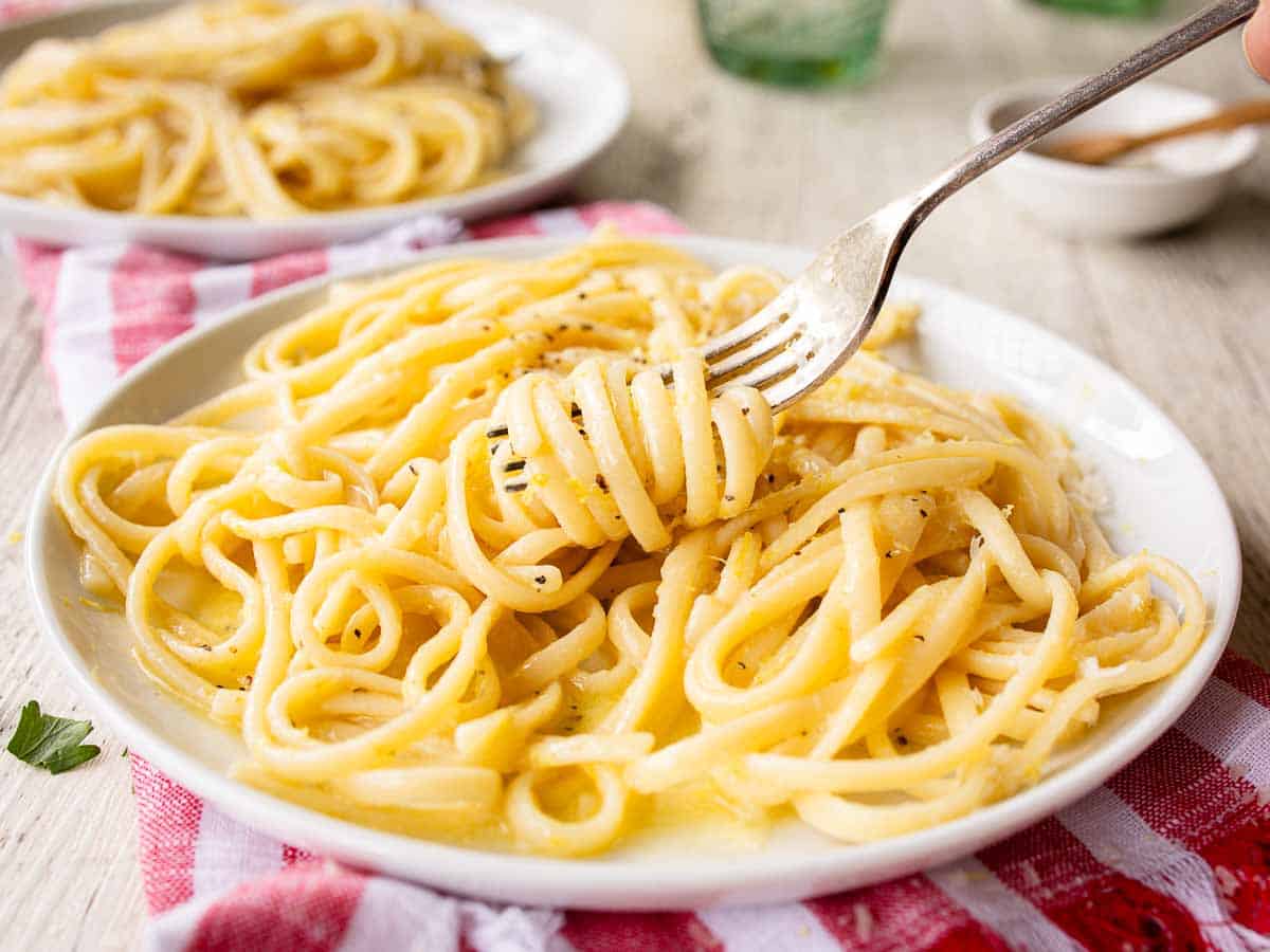 Linguine pasta on a plate with some strands rolled around a fork.