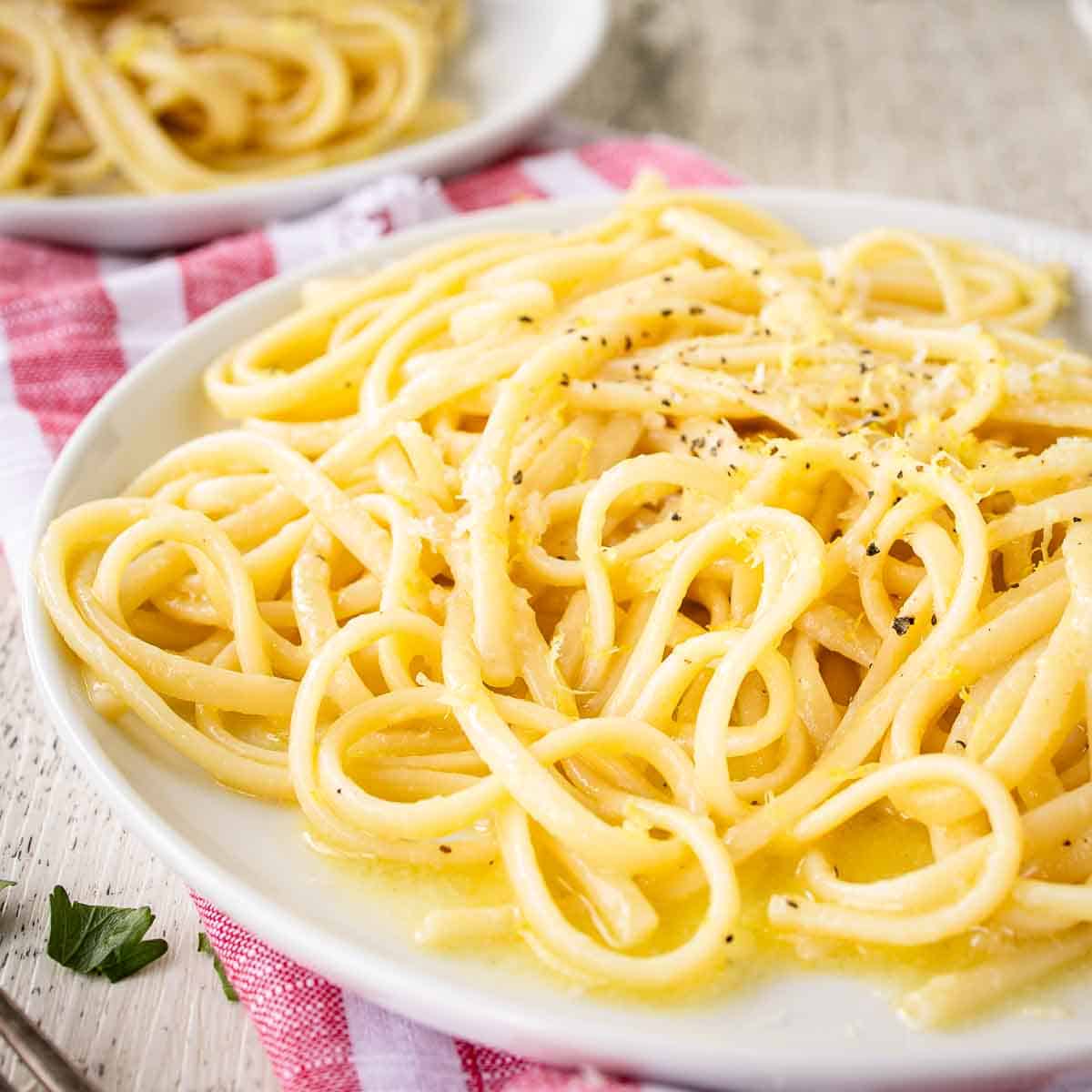 Lemon Pasta Recipe prepared and on a plate.