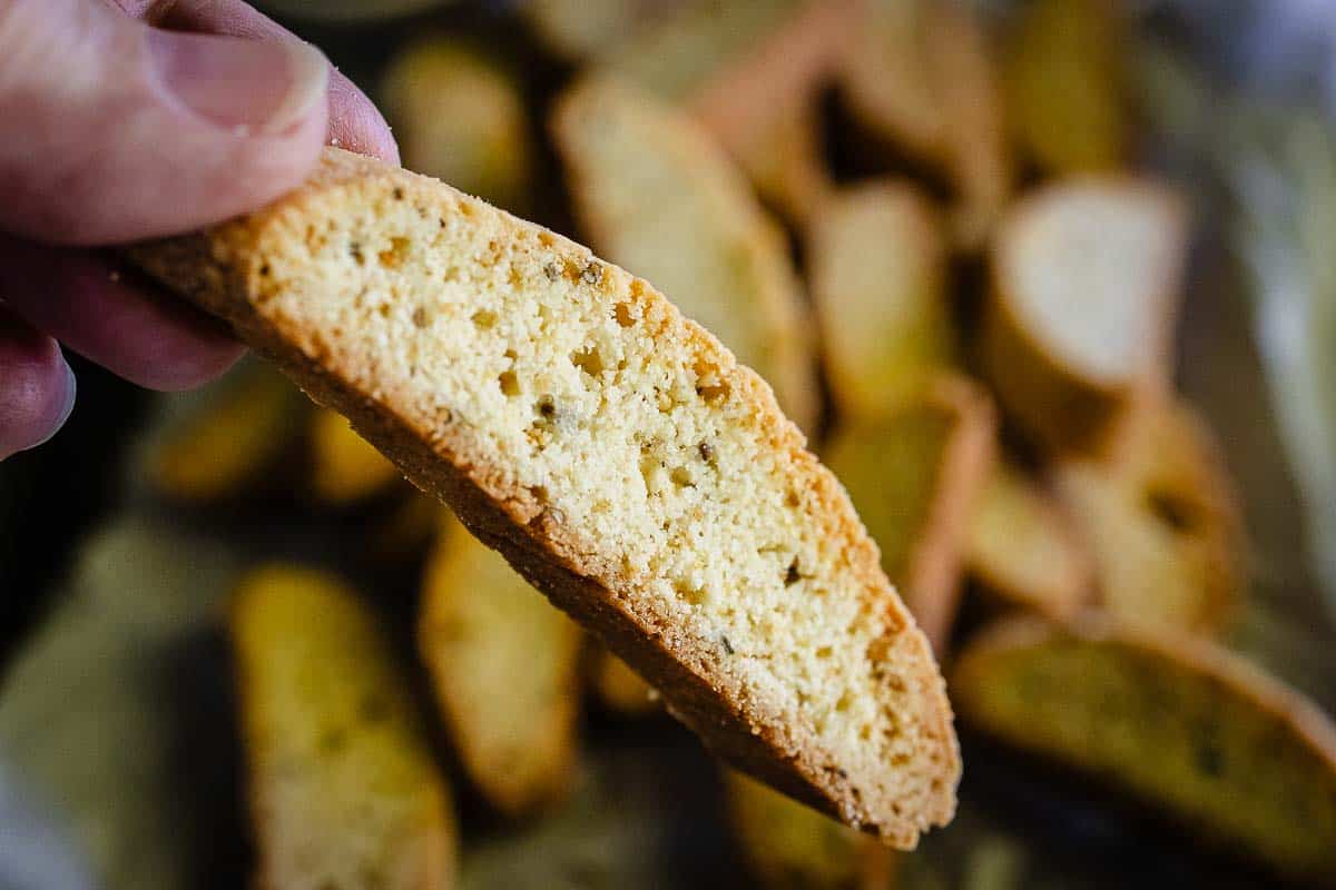 Close up of biscotti with anise seeds.