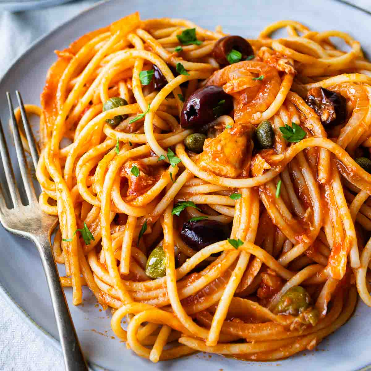 Plate of tuna pasta consisting of spaghetti in tomato sauce, with olives and chopped parsley.