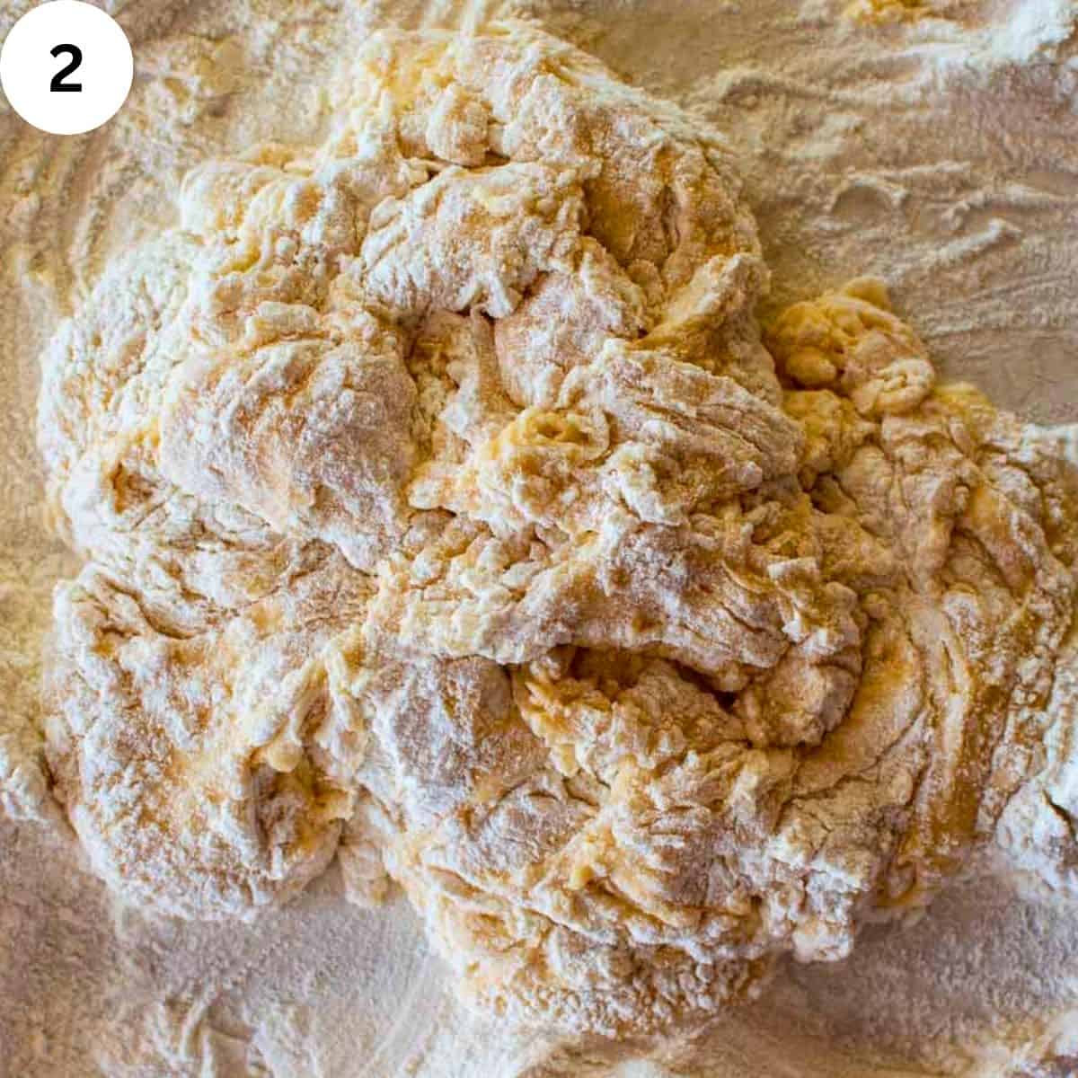 A scraggy mass of egg based pasta dough.
