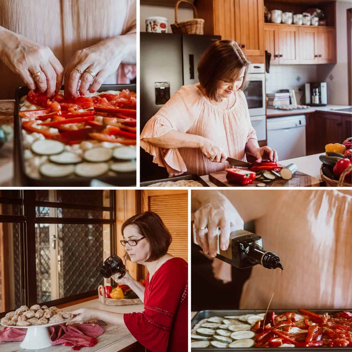 Four photo collage of lady cooking and photographing food.