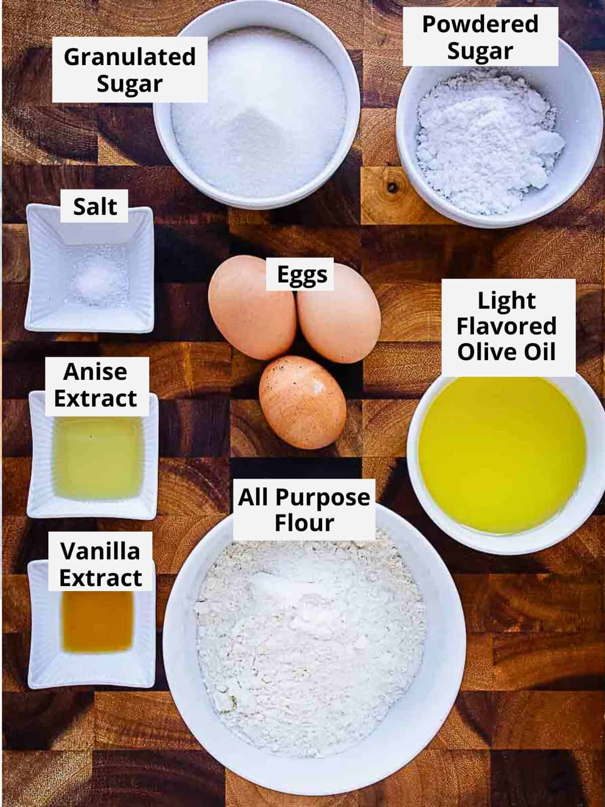 Ingredients for this recipe as in the recipe card arranged on a wooden board.