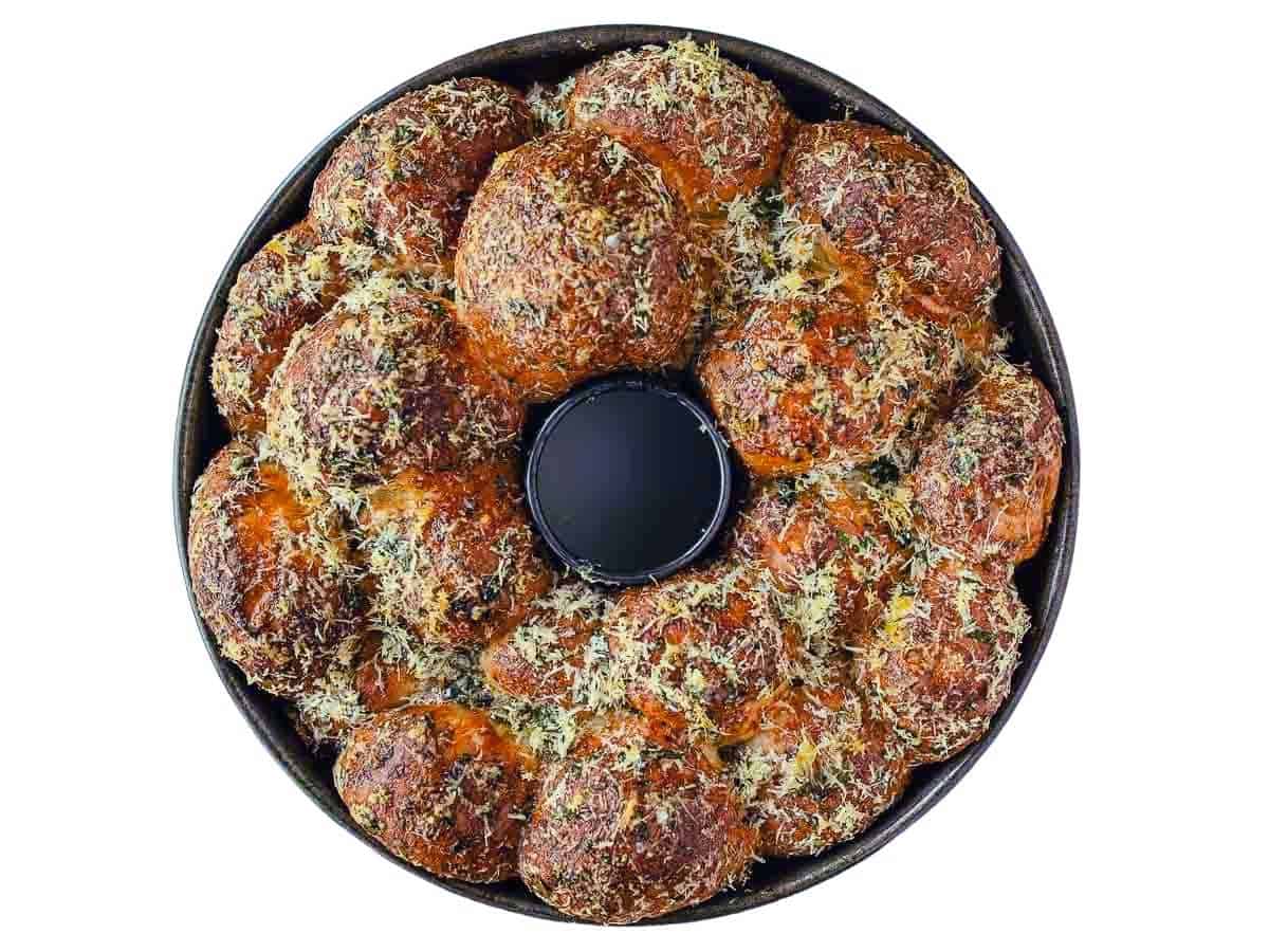 Overhead view of monkey bread baked in a bundt pan.