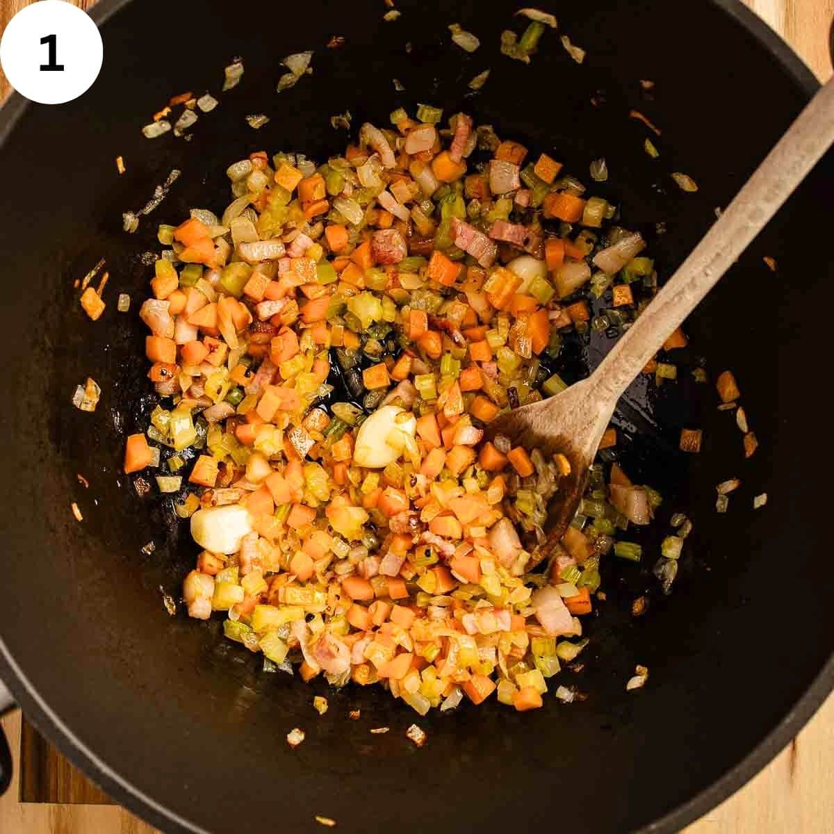 Cooking soffritto for ragu.