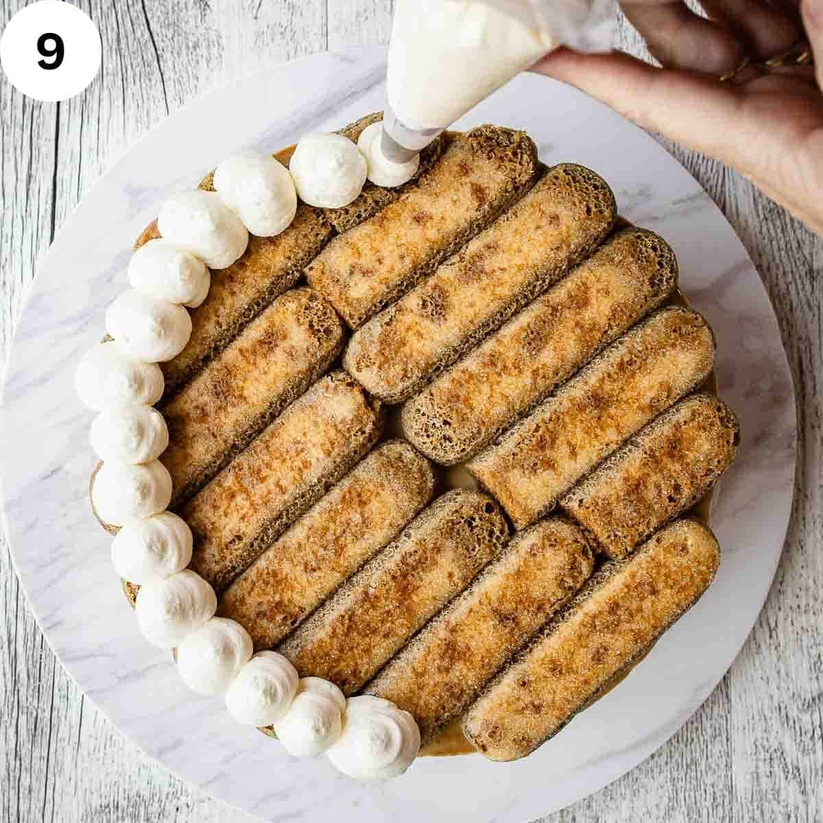 Piping cream on espresso soaked savoiardi.