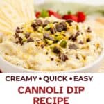 Creamy cannoli dip topped with chocolate chips and chopped pistachios and served with crispy pizzelle.